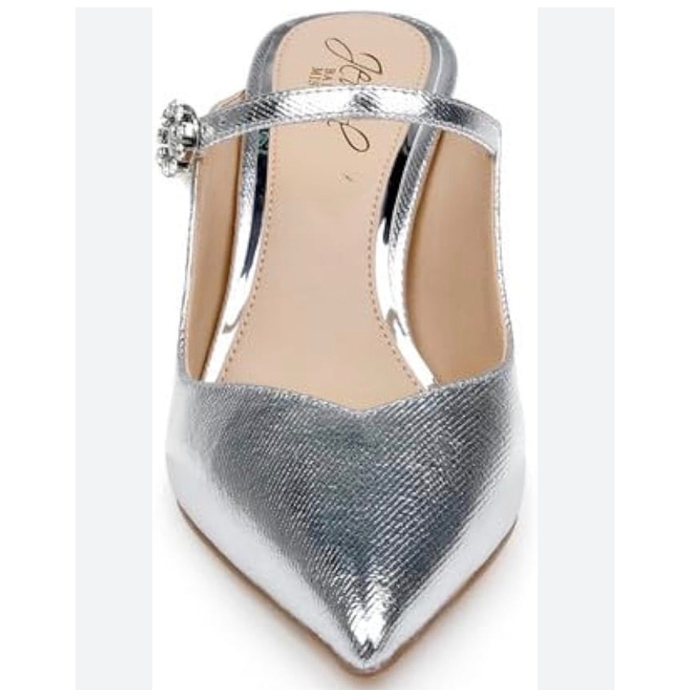 Jewel Badgley Mischka Silver Metallic Pointed Toe Crystal Buckle Mules Heels 6 - Picture 2 of 8